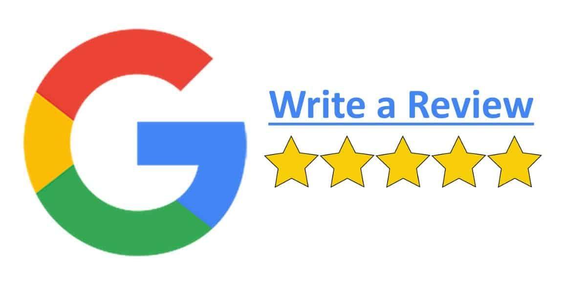 Google logo with text 'Write a Review' and five gold stars.