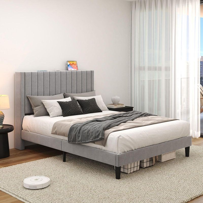 “Alti 44.8-inch velvet upholstered tufted bed frame with built-in charging station, expertly assembled by professional furniture service, enhancing bedroom elegance and functionality.”