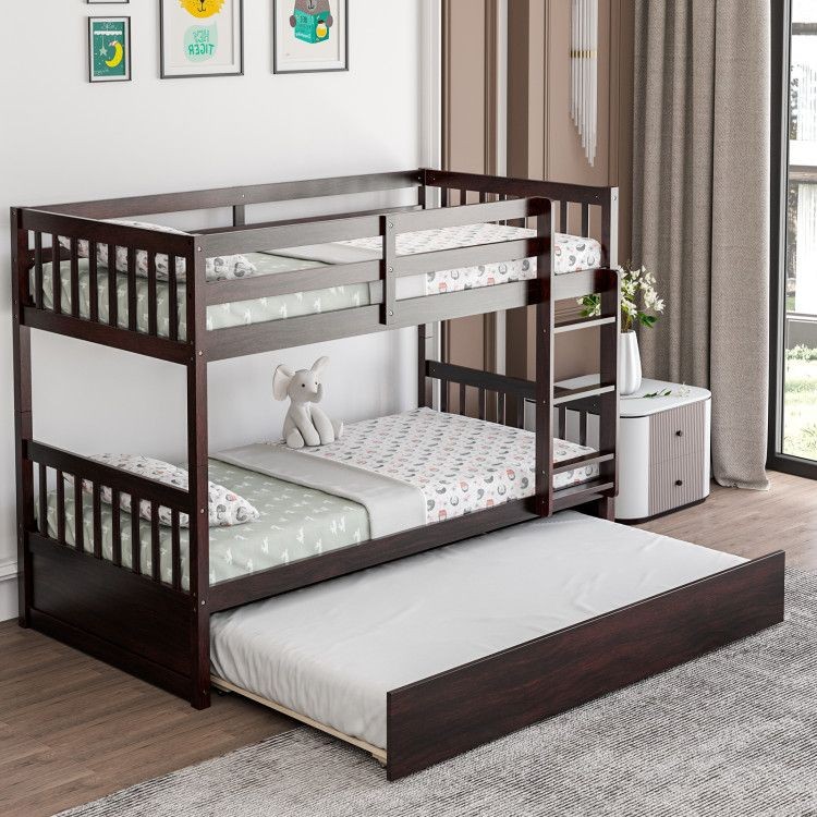 “Costway Twin Over Twin Bunk Bed with Pullout Trundle and Ladder - Space-saving design with sturdy construction, safety guardrails, and easy-access ladder. Ideal for children’s rooms and guest accommodations.”