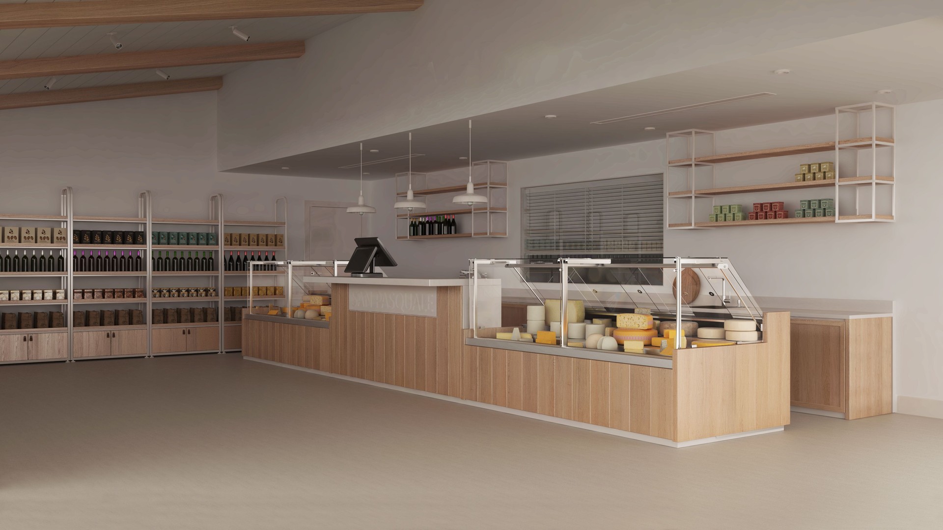 Grocery store interior design. Industrial floor, wooden furniture, loft style. Modern architecture